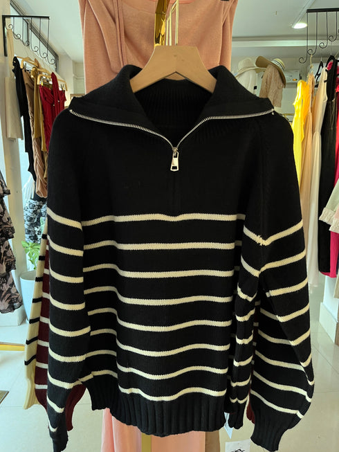 Heavy Knitted Collar Zip Stripes Pullover
